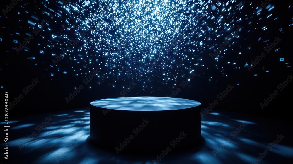 Poster dark room with glowing data particles floating in space