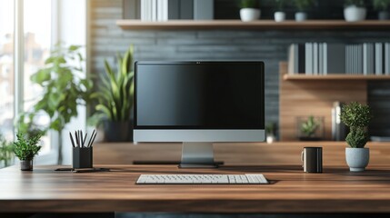 Fototapeta premium Modern Home Office Workspace with Wooden Desk and Plants