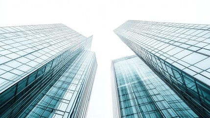 Glass skyscrapers rising into a bright foggy sky in urban setting