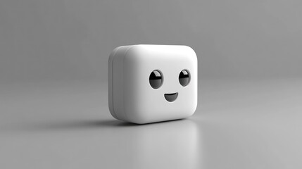Cute white square emoticon on gray studio background