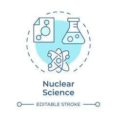 Nuclear science soft blue concept icon. Behavior, structure and interactions of atomic nuclei. Radioactivity. Round shape line illustration. Abstract idea. Graphic design. Easy to use in article