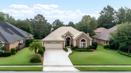 Tan Brick House with Green Lawn in Suburban Neighborhood