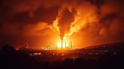Obraz premium Dramatic Night Shot of Glowing Power Plant Emitting Smoke and Light