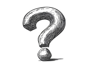 Woodcut Question Mark Symbol Rendering in Black and White on White Background Casting Shadow