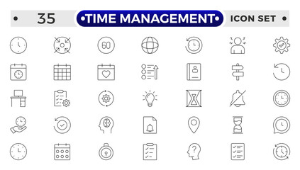 Time management icon set. Timer, alarm, schedule, hourglass, clock icons. Outline time and clock icon collection.