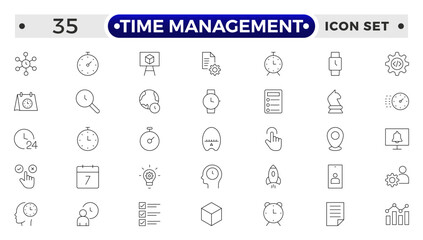 Time management icon set. Timer, alarm, schedule, hourglass, clock icons. Outline time and clock icon collection.