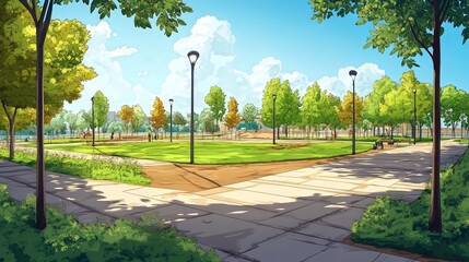 new park, with green spaces being leveled, walkways being paved, and light poles installed.