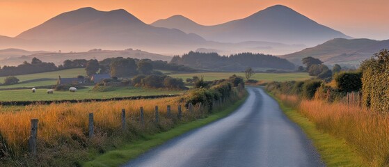 Serene Sunrise over Rural Road Leading to Majestic Mountains Landscape in Misty Morning Tranquility
