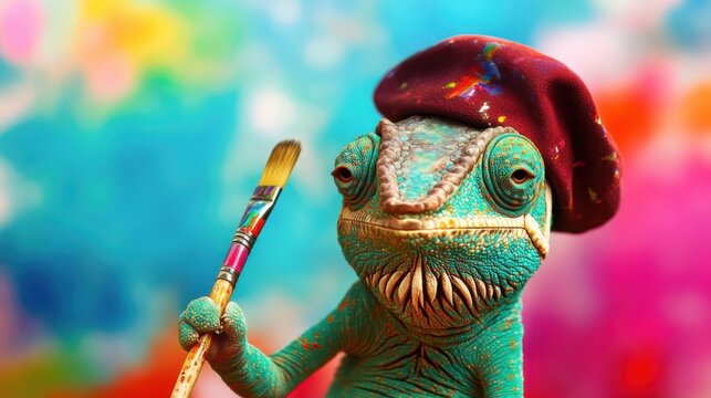 Chameleon artist creating colorful artwork against a vibrant backdrop in a whimsical setting