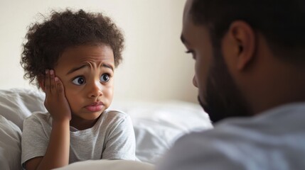 Emotive conversation between a father and son in a cozy bedroom during morning hours