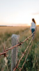 Fototapeta premium *Barbed wire fence with woman walking at sunset in field. Rural landscape, summer, loneliness concept.**