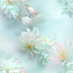 Fototapeta premium Floating Dahlia flowers softly blooming on light blue background, delicate floral arrangement