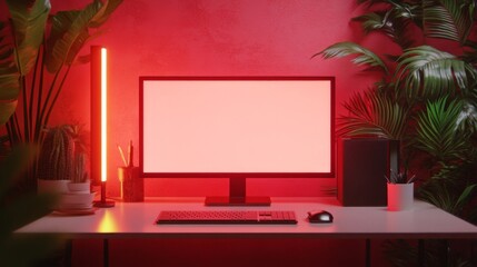 Red Neon Lit Modern Workspace With Tropical Plants