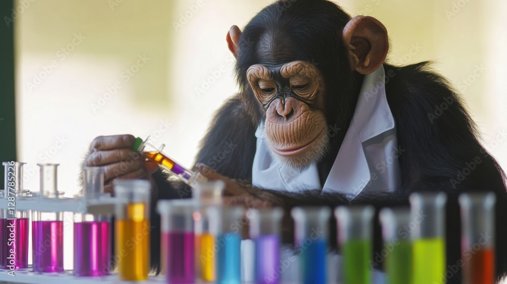 Poster monkey conducts science experiments with colorful liquids in laboratory setting during daylight hour