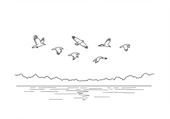 Birds gracefully soar above tranquil lake scene. AI Generated
