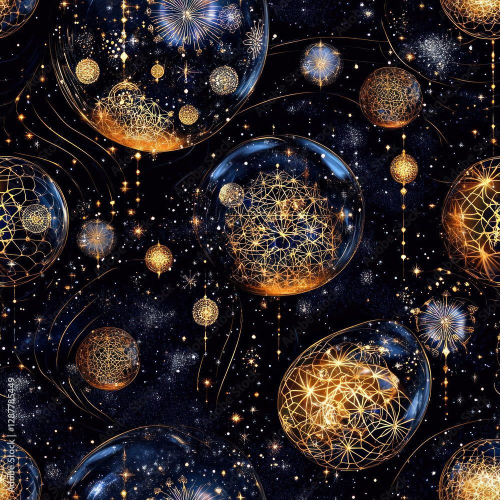 Poster floating golden orbs in space. sparkling geometric patterns on dark blue starlit background