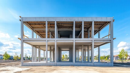 new office building, showing beams and concrete walls under construction.