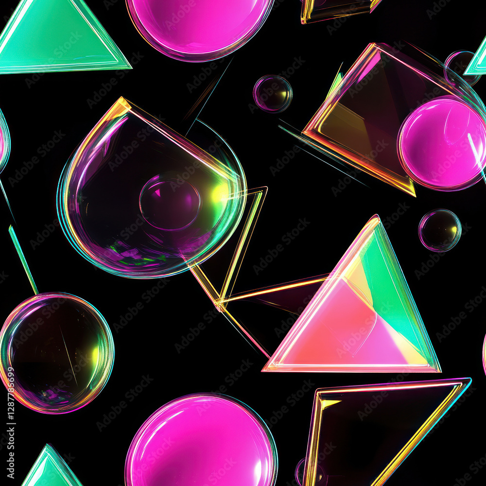 Poster floating spheres, triangles, and bubbles create a seamless, colorful abstract pattern on a black bac