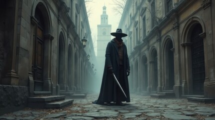 Naklejka premium Eerie Plague Doctor in an Abandoned City