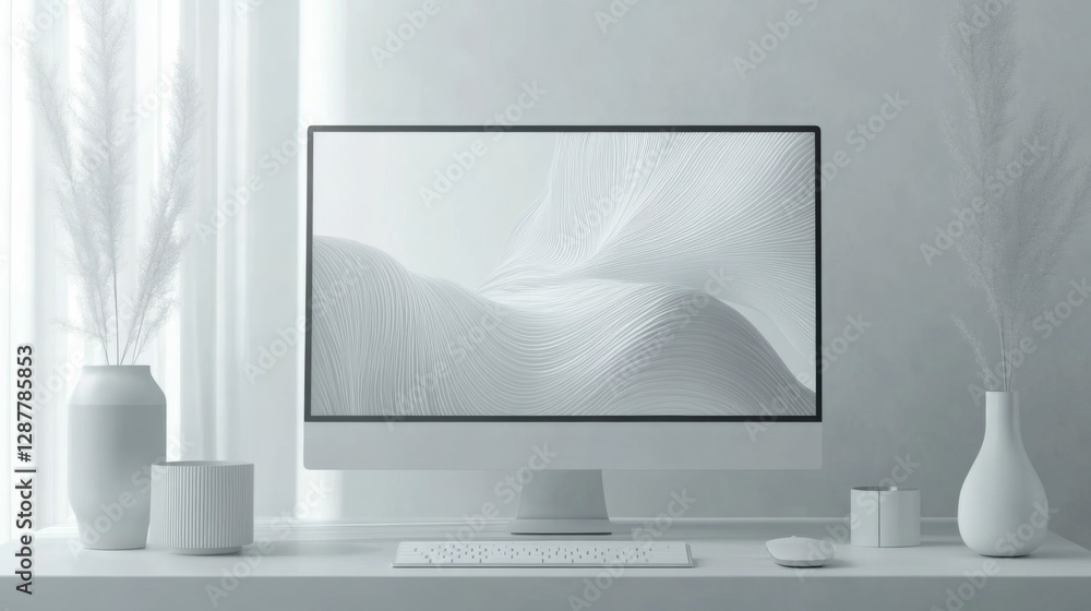 Poster modern minimalist white desk setup with abstract screen display