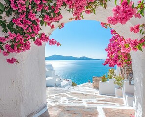 A whitewashed archway with pink flowers overlooks the Aegean Sea
