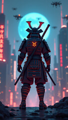 Neon samurai gazing over futuristic city skyline, technological marvel