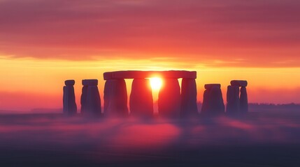 the mystical stone formations of Stonehenge at sunrise, shrouded in morning mist.