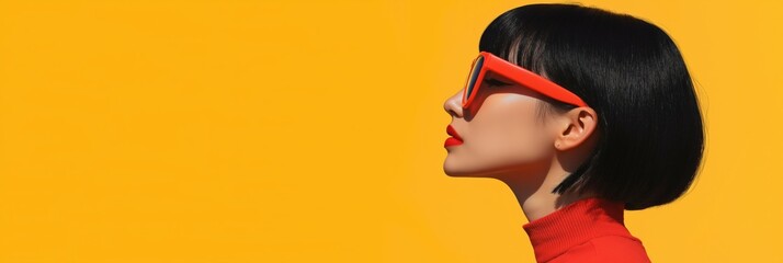 A woman with red hair and glasses is standing in front of a yellow background. She is wearing a red shirt and red sunglasses