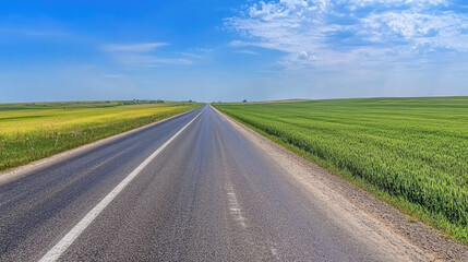 Fototapeta premium Wide road into distance, flanked by green fields and blue sky. High-definition, horizontal composition. Serene beauty.