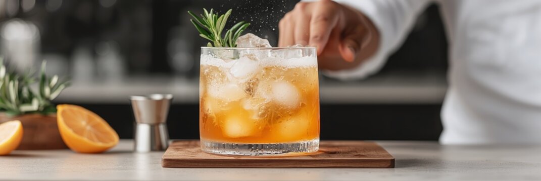 Iced cocktail with rosemary, orange, and hand adding bitters on wood. Refreshing drink concept.