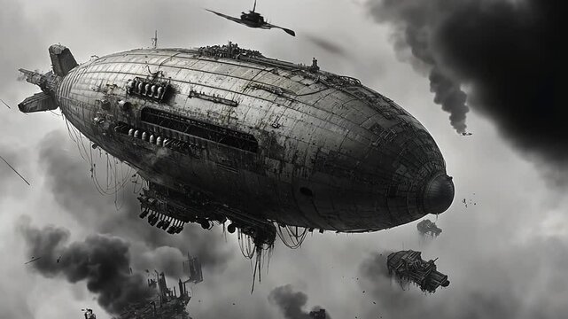 A decaying airship cruises amidst dark smoky clouds above a ruined city in the sky.