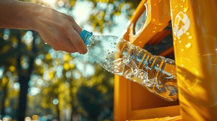 Person disposing of a plastic water bottle in a recycling bin on a sunny day in a park