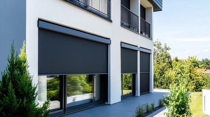 External roller blinds installed on modern windows, providing enhanced sun protection for house exteriors