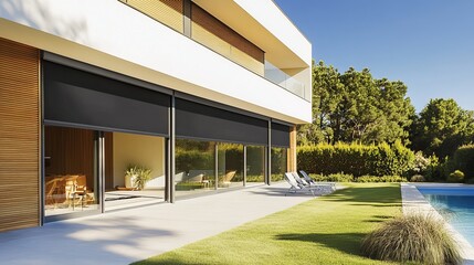 External roller blinds installed on modern windows, providing enhanced sun protection for house exteriors