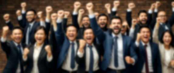 Blurred background capturing the synergy of a business group exalting in shared victory and unity