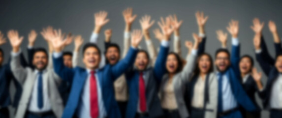 Obraz premium Blurred background showcasing a collective outburst of joy as businessmen raise fists in unison for success