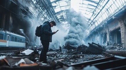 A young journalist writing notes amid chaos at a bombed train station. Featuring focus and bravery