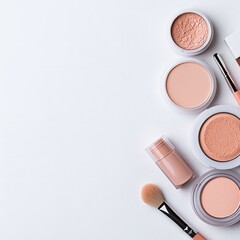 Makeup powder, brush on white background. Beauty product. Flat lay with copy space for design banner, advertising, flyer, poster, social media