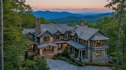 A sprawling country home with an expansive porch, sitting on the edge of a dense forest, with distant mountain views.