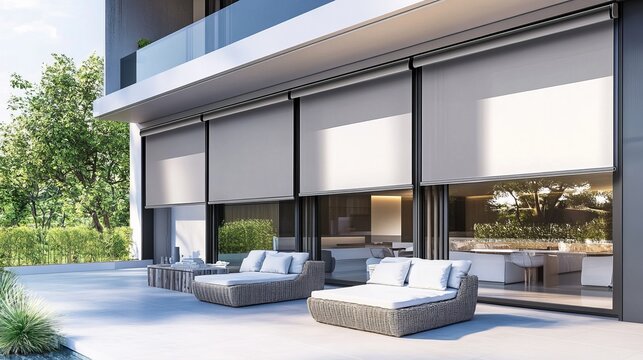 Roller blinds covering the windows of a modern house, ensuring both privacy and exterior aesthetic appeal