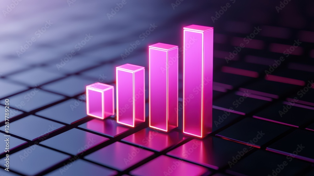Poster neon light bar chart over digital surface with floating effect