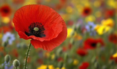 Vibrant red poppy flower in a colorful meadow filled with wildflowers under a bright sky