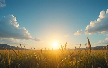 Fototapeta premium sunset, field, sky, grass, nature, landscape, sun, sunrise, summer, meadow, agriculture, wheat, farm, green, yellow, rural, sunlight, tree, beautiful, clouds, cloud, plant, evening, horizon, blue