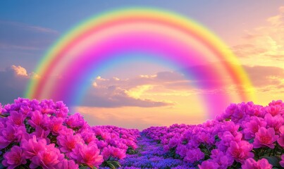 Vibrant sunset landscape with blooming flowers and a double rainbow in the background