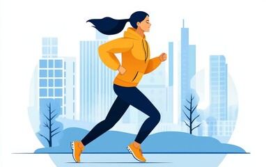 Young woman jogging in a cityscape with modern buildings and trees in the background