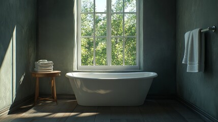 Fototapeta premium Bathtub is positioned beneath a window with a beautiful view