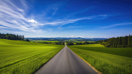 Wide road into distance, flanked by green fields and blue sky. High-definition, horizontal composition. Serene beauty.