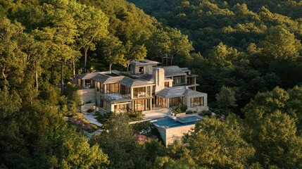 A sprawling luxury home surrounded by vibrant wildflowers and forest trails, blending perfectly with its natural environment.