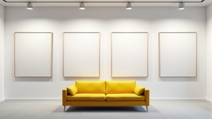 A modern art gallery interior with a minimalist design featuring large, blank, framed canvases on the walls, arranged in a row. The room is well-lit with a yellow fabric sofa and carpeted floor.