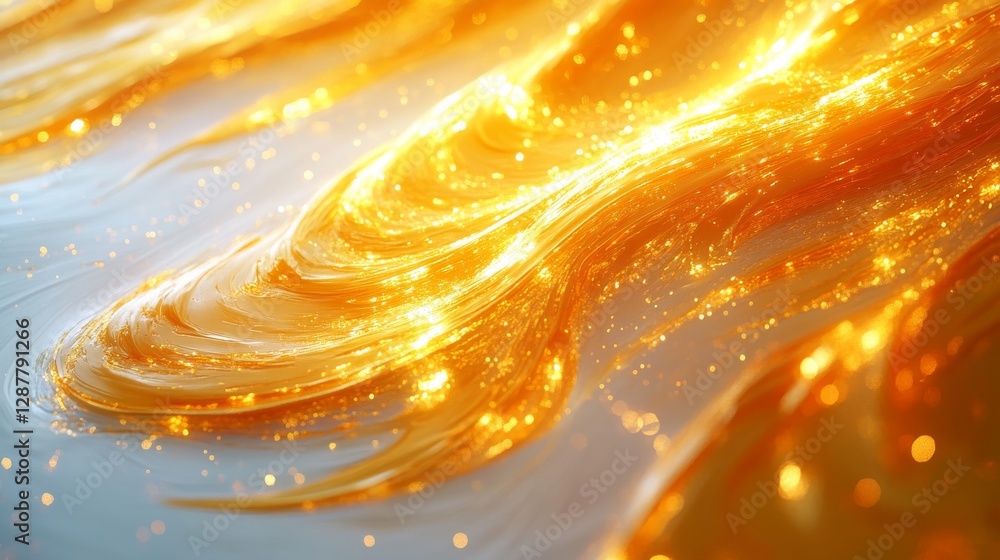 Poster golden flowing texture with shimmering particles on white background, abstract and luminous. artisti